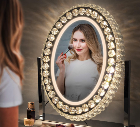 Vanity Mirror with Light, Crystal Circle LED Lighted Makeup Mirror 3 Colors Dimmable