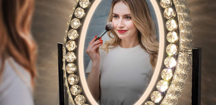 Vanity Mirror with Light, Crystal Circle LED Lighted Makeup Mirror 3 Colors Dimmable